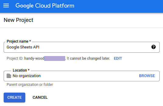 Google Cloud Console, new project