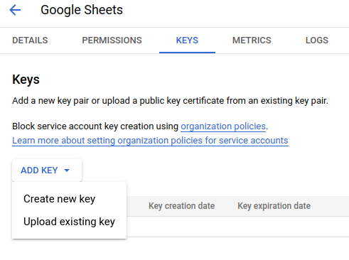Google Sheets API, create new key for service account